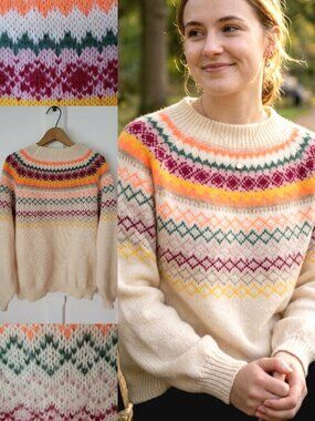 Fair Isle Knit Sweater Cream Multicolor Nordic Women’s M
